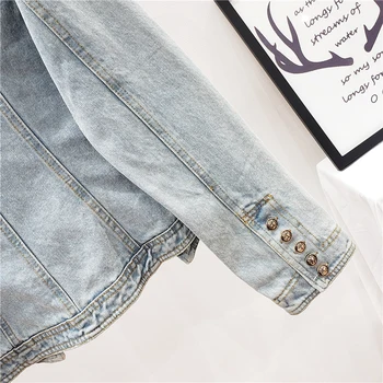 2021 Módny Dizajn Tlačidlo Denim Jacket Ženy Slim O-Krk Dlhý Rukáv Jeans Bunda Ženy Vintage Umývanie Krátke Džínsové Kabát Vrchné Oblečenie