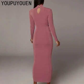 2021 Nové Sexy Ženy Pevne Zabaliť Bodycon Šaty Pevné Dlhý Rukáv Vysoká Krku Elegantné Dámske Oblečenie Strany Chudá Ruched Oblečenie