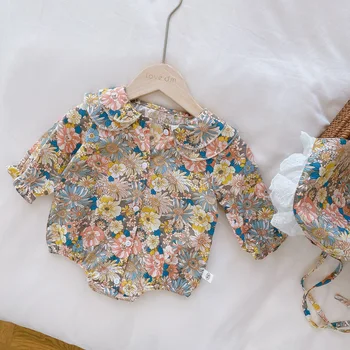 2021 Roztomilý Kvetinový Novorodenca Dievčatá Oblečenie Nastaviť Dlhý Rukáv Remienky Kombinézach+Čipky Klobúk Dieťa Oblečenie Set Detský Kostým Oblečenie