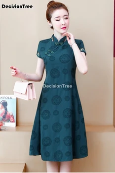 2021 tradičnej čínskej lepšiu šaty ženy, orientálne elegantné klasické cheongsam bavlnená posteľná bielizeň krátky rukáv qipao lady šaty