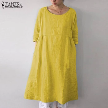 2021 ZANZEA Vintage Pevné Šaty Žien Polovičný Rukáv Sundress Módne Ženské Košele, Šaty Plus Veľkosť Koleno Dĺžke Strany Župan Femme