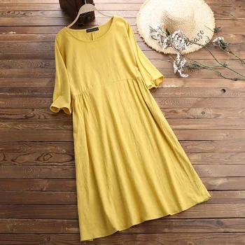2021 ZANZEA Vintage Pevné Šaty Žien Polovičný Rukáv Sundress Módne Ženské Košele, Šaty Plus Veľkosť Koleno Dĺžke Strany Župan Femme