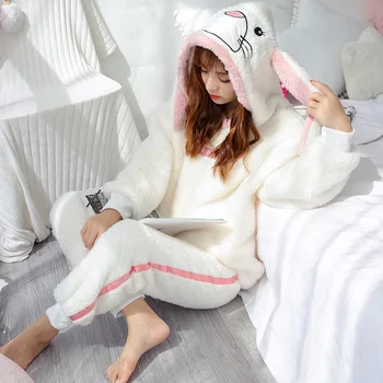 2021 Ženy Pyžamo Nastaviť Zime Teplé Cartoon Domáce Oblečenie S Dlhým Rukávom Roztomilý Sleepwear Bežné Odev Ženský Pyžamá Ženy Pijamas