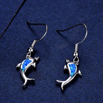 21 MM Bijoux Elegantné 925 Sterling Silver Náušnice Blue Fire Opal Dolphin Drop Náušnice Pre Ženy Móda Zvierat Šperky