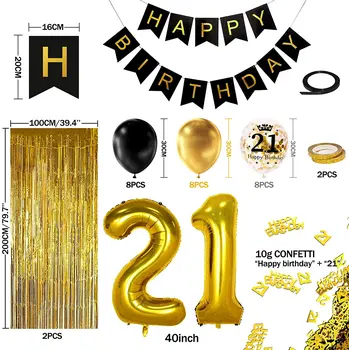 21. Čierne Zlato Narodeniny, Party Dekorácie, Happy Birthday Banner, Hélium Číslo Balón 21 XXL, 2 Zlaté Strapce Opony, Latex Con