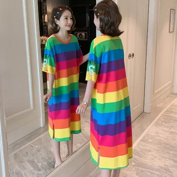 #2304 Letné Voľné Bavlna Thirts Šaty u Žien Plus Veľkosť Prekladané Krátky Rukáv O-neck Tee Tričko Šaty Žena kórejské Oblečenie