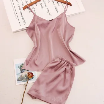 25# Sexy Ženy, Pruhované Pyžamo Saténové, Hodvábne Sleepwear Čipky Kvetinový V Krku bez Rukávov Bielizeň, Topy+odev Pyžamo Šortky Sady