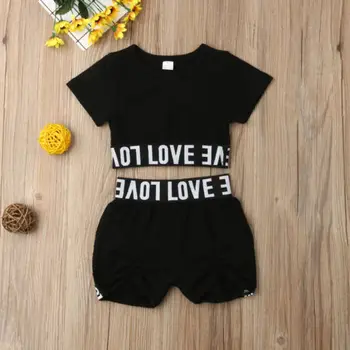 2KS Deti, Baby, Dievčatá Oblečenie Plodín Písmeno T-shirt Topy + Nohavice Šortky Letné Oblečenie Set