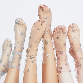 2Pair Ženy Transparentné Oka Ponožky Žiariaca Hviezda Tlač Letné Módy Roztomilé Mäkké Členkové Ponožky Pre Ženy Trendy Roztomilé Ponožky, Sieťované