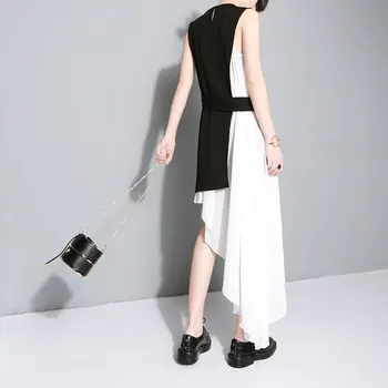 2v1 Black&White 2020 Nové Ženské Vintage Šaty Nepravidelný Šaty Jednotlivých Šitie Rukávov Vestu Lady Dlhé Šaty Sady