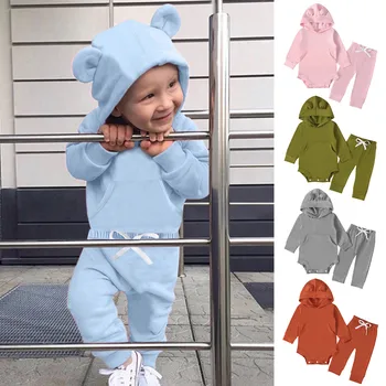 3-18Months teplé Baby oblek dlhým rukávom jednoduché, jednofarebné s kapucňou jeden kus romper taška prd tričko+nohavice vyhovovali roupa bebe menino M4