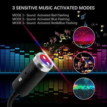 3 Farby, Dekoratívne Lampy USB Auto Strechy Star Nočné Svetlo Aktivované Zvukom S 9 Funkčné Modely ReKeen v Romantickom Auto