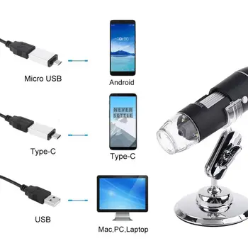 3-v-1 1600X USB Mikroskop OSX Windows PC Typ-C Micro-USB Mobilný Telefón zväčšovacie sklo