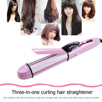 3 v 1 Kukurica Perm Hair Straightener Závlačky Ploché Sušič na svoju vlnovú dĺžku Curler Hair Straightener Curling Prútik Keramiky Styling Nástroje