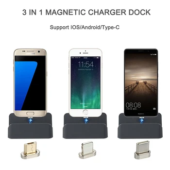 3 v 1 Typ-C / Micro USB / IOS Magnetické Adsorbuje Nabíjací Dok Stanica Ploche Magnet Nabíjací Stojan, Držiak Pre iPhone, Samsung, HTC