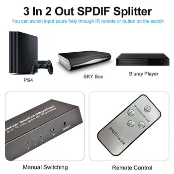 3 V 2-Out Kábel Toslink Prepínač Splitter SPDIF/TOSLINK Optický Zvukový 3x2 Switcher SPDIF Splitter S IR Diaľkové Ovládanie 2019 Nové