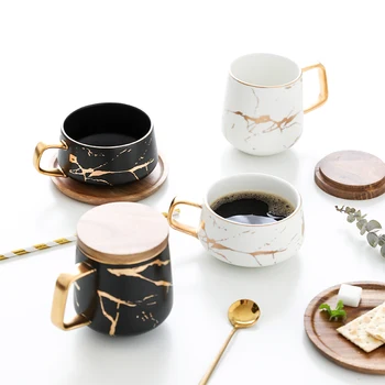 300 ml Luxusné matný keramický mramoru čaj, kávu, Poháre a drevené Taniere čierne a biele zlato vložkou keramické šálky