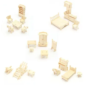 34Pcs/Set 3D Drevené Miniatúrny domček pre bábiky s Nábytkom Model Mini Puzzle, Drevené Hračky Deti Pretent DIY Dom Hračky YH-17