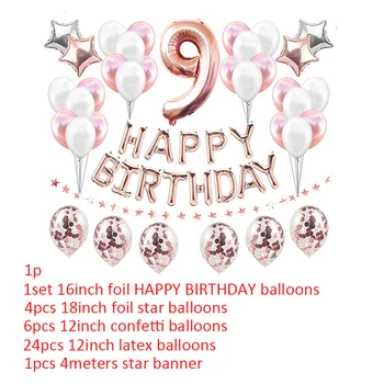 37pcs Rose Gold Balóny Číslo 9 Fóliové Balóny Happy Birthday Party Dekorácie 9. Dievča, Chlapec 9 Rokov Narodeniny Dodávky
