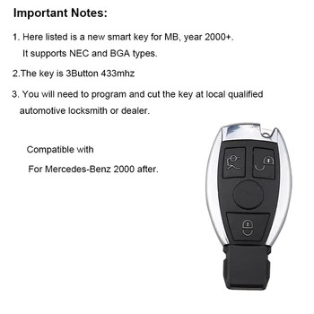 3Button Smart Remote Tlačidlo Keyless Fob 433Mhz Pre Pre Mercedes Benz E S G CLK SLK rok 2000+ BGA štýle NEC Čip Pôvodného kľúča