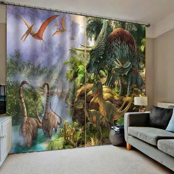 3D animovaný Dinosaura Krajinná scenéria Okenné Záclony Na Obývacia Izba, Spálňa Textílie Decor Detský domov Závesy