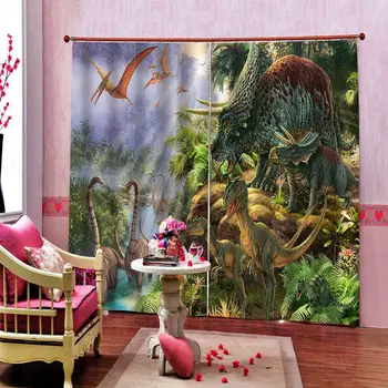 3D animovaný Dinosaura Krajinná scenéria Okenné Záclony Na Obývacia Izba, Spálňa Textílie Decor Detský domov Závesy