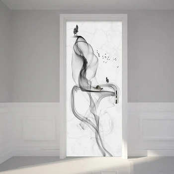 3D Dvere Nálepky Tapety Čierna Biela Abstrakt Dymu Nepremokavé samolepiace Dvere nástenná maľba Stenu Moderná Obývacia Izba, Spálňa