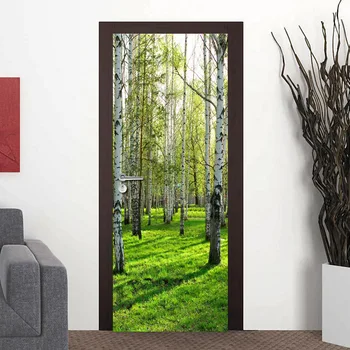3D Dvere Nálepky Zelený Strom Lesa nástennú maľbu, Tapety Domov Dvere, Obývacia Izba DIY Dvere Samolepky PVC Vinylové samolepiace Dvere, Tapety