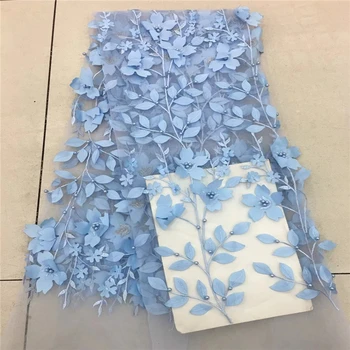 3D Kvety V modrom francúzskej Čipky Textílie 2018 Vysoko Kvalitnej Čipky Čistý Afriky Čipky Textílie S korálkami Čipky Textílie Na Svadby RF4-71