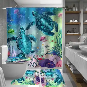 3D Ocean Dizajn Morské Korytnačky Nepremokavé tkaniny Tkaniny, Kúpeľňa Opony Sprchové Závesy Nastaviť, protišmykových Kobercov Wc Veko Krytu Vaňa Mat
