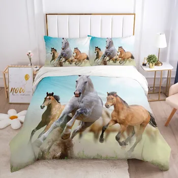 3D posteľná bielizeň Sady Povlaky na Prikrývku Kryt Nastaviť Cumlík obliečka na Vankúš Posteľná Bielizeň Kráľ, Kráľovná Plný Jednu Veľkosť Biela Zvierat Koňa Domov Texitle