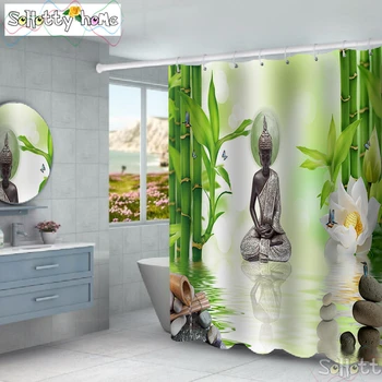 3d Sochy Budhu Vaňa Sprchový Záves Záves Bambusu Uzdravenie Nepremokavé Polyesterové Tkaniny Umývateľný Kúpeľňa Lesných Stromov Tlačené