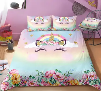 3D tlač posteľná bielizeň sady ružové dievča farebné mraky rainbow tlač sladké roztomilý módne posteľná bielizeň sady pre dievčatá 2/3 ks