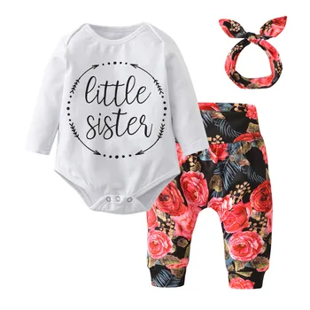 3ks Novorodenca Oblečenie Baby Dievčatá Oblečenie Set Bežné Malá Sestra Kombinézu Topy+Kvetinový Nohavice+Bowknot hlavový most Dojčenské Oblečenie