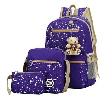 3ks/set Ženy Batoh Školské Tašky Star Tlač Roztomilý Batohy S Medveď Pre Dospievajúcich Dievčat Cestovnej tašky Batohy Mochila