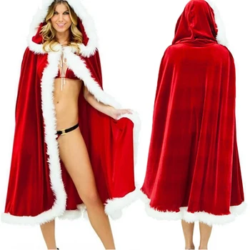 3Size Red Velvet s Kapucňou Cape Plášť Sexi Santa Cosplay Vianočné Kostýmy Ženy Karneval Party Clubwear Zime Teplý Kabát