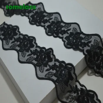 3Y Black Gázy Fluorescenčné Black Kvetinové výšivky, Čipky Trim s Dizajnom pre Svadobné Svadobné a Odevné Dekorácie