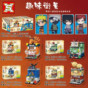 4 In1 Japonskom Anime Naruto Mesto, Výhľad na Ulicu Stavebné Bloky Architektúry Domu Retail Store Obchode Model Tehly Hračky pre Deti,