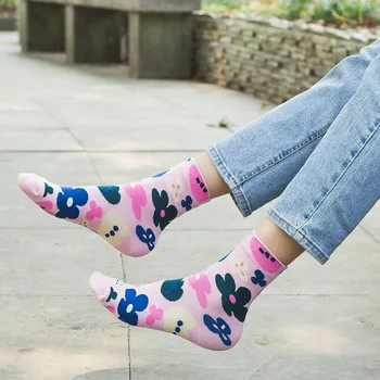 4 Páry Kawaii Tlač Kvet Ženu Ponožky Bavlna Janpanese kórejský Štýl Zábavné Ponožky Ženy na Jeseň Zima B0040
