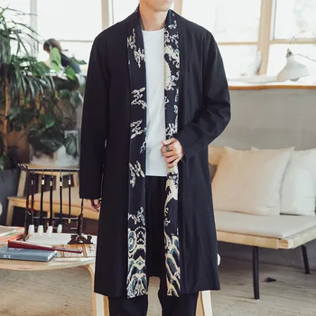 #4316 Jar Jeseň Ročník Tradičnej Čínskej Dlho Kimono Kabát Mužov Bielizeň Windbreaker Cardigan Plus Veľkosť 5XL Voľné Bunda Muž