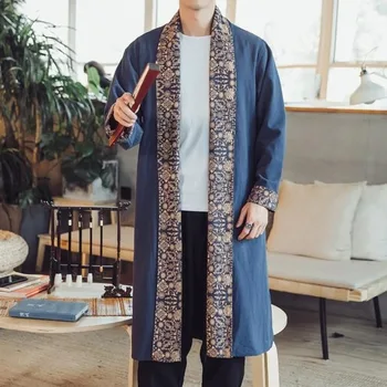 #4316 Jar Jeseň Ročník Tradičnej Čínskej Dlho Kimono Kabát Mužov Bielizeň Windbreaker Cardigan Plus Veľkosť 5XL Voľné Bunda Muž