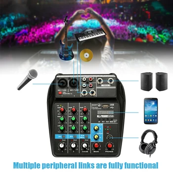 4Channels Audio Mixer Zvuk Miešanie Konzoly S Bluetooth, USB, Záznam 48V Phantom Power Monitor Cesty Plus Účinky, Použitie
