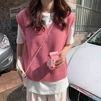 4colors 2019 jeseň a v zime kórejský štýl v krku pletený farbou vesta bez rukávov svetre dámske pulóvre womens (X1086)