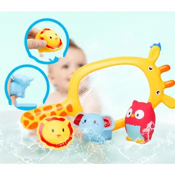 4pcs Baby Kúpeľ Hračky Rybárske Plávajúce Strieka Hračka Kúpeľ Čas Hračky Nastaviť Piesku Rybárske Hračka (Žirafa Net + Lev + Sova + Baby Slona)