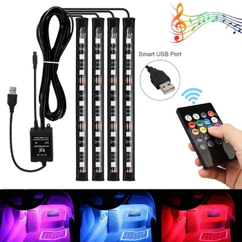 4Pcs/veľa 9LED RGB Interiéru Vozidla Atmosféru Footwell Pásy Svetla, USB Nabíjačka, Dekor Lampa