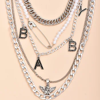 5 ks/Set Ženy, Náhrdelníky Nastaviť Klasické Anjel Pin List Black Crystal Pearl Clavicle Reťazca Náhrdelník Strany Šperky Veľkoobchod Kpop
