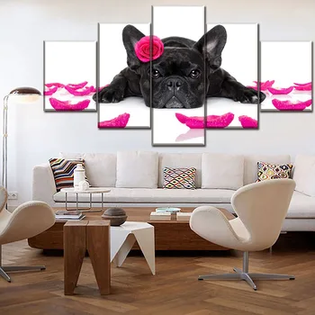 5 Panel Zvierat, Francúzsky Bulldog A Petal Plagát Moderného Domova Umelecké Diela Vytlačené Plátno Modulárny Obrázok Dekor Rámec Wall Art