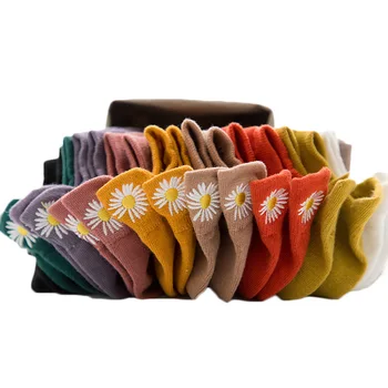 5 Párov/pack Kawaii Výšivky Daisy Ženy Ponožky Bavlna Multicolor Chryzantéma Retro Farebné Ponožky Ženy Dropship