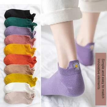 5 Párov/pack Kawaii Výšivky Daisy Ženy Ponožky Bavlna Multicolor Chryzantéma Retro Farebné Ponožky Ženy Dropship