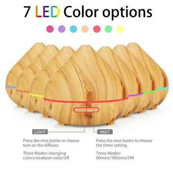 500 ml Zvlhčovač Vzduchu Aromaterapia Ultrazvukové Esenciálny Olej Difúzor 7 Farba LED Voľby póry Dreva Aróma